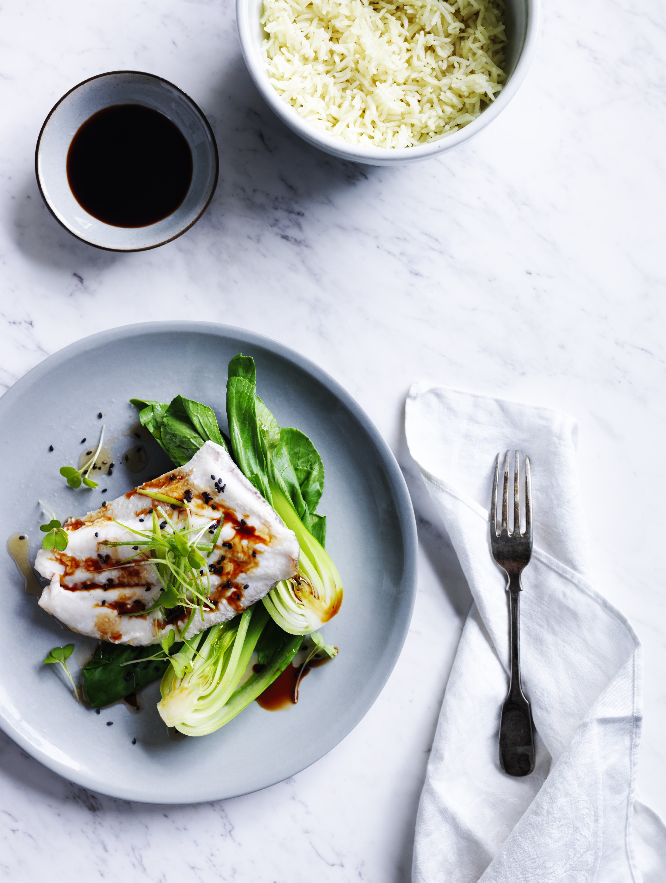 STEAMED FISH, COCONUT RICE + BOK CHOY