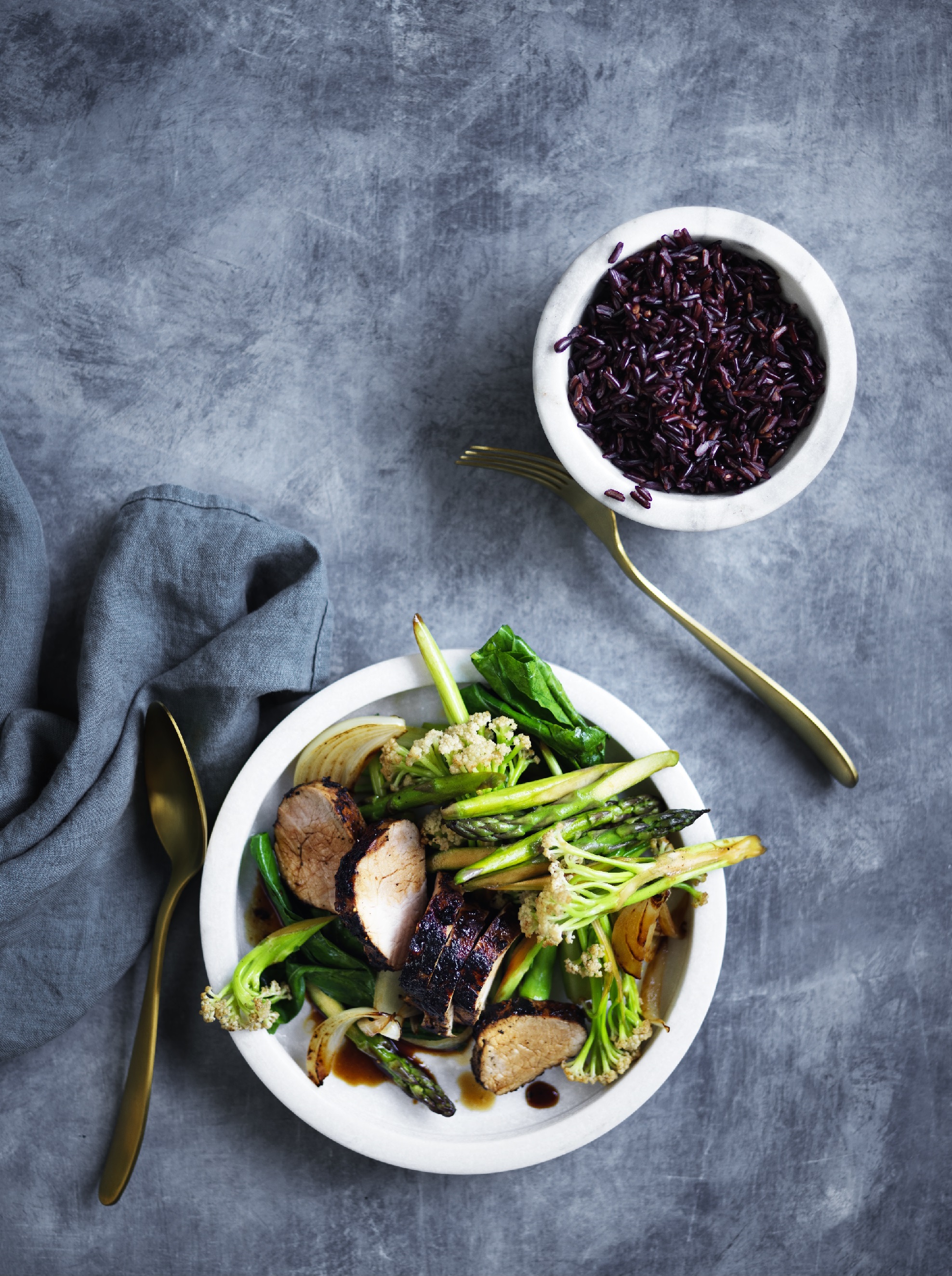 Sesame Coconut Pork with Stir-Fried Greens